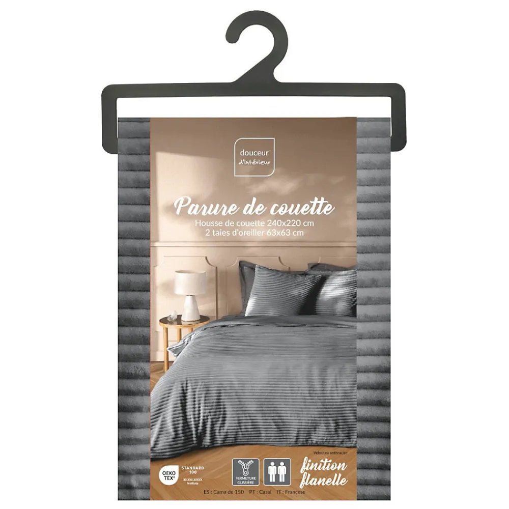 Housse de couette 240x220 + 2 taies anthracite finition flanelle>Douceur D'Intérieur New