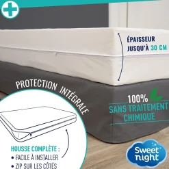 Sweetnight Housse intégrale matelas - Anti-Punaise de lit - Fermeture à glissière - Sans traitement chimique - Ep. jusqu'à 30 cm* Protège Matelas
