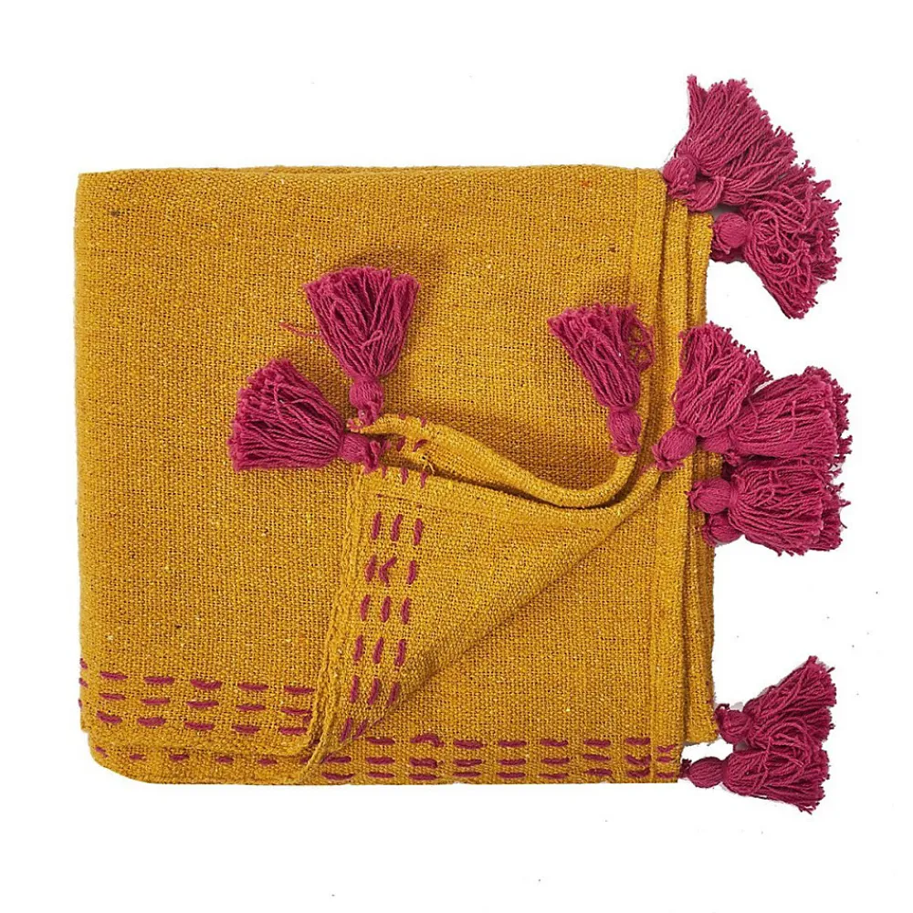 Jeté de canapé surpiqué pompons jaune 130x150 cm>The Home Deco Factory Clearance
