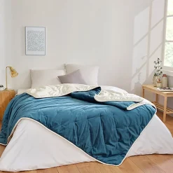 Toison d'Or Jeté de lit réversible en velours et microfibre (150x200 cm - Bleu Paon)* Boutis, Couvre-Lit, Édredon