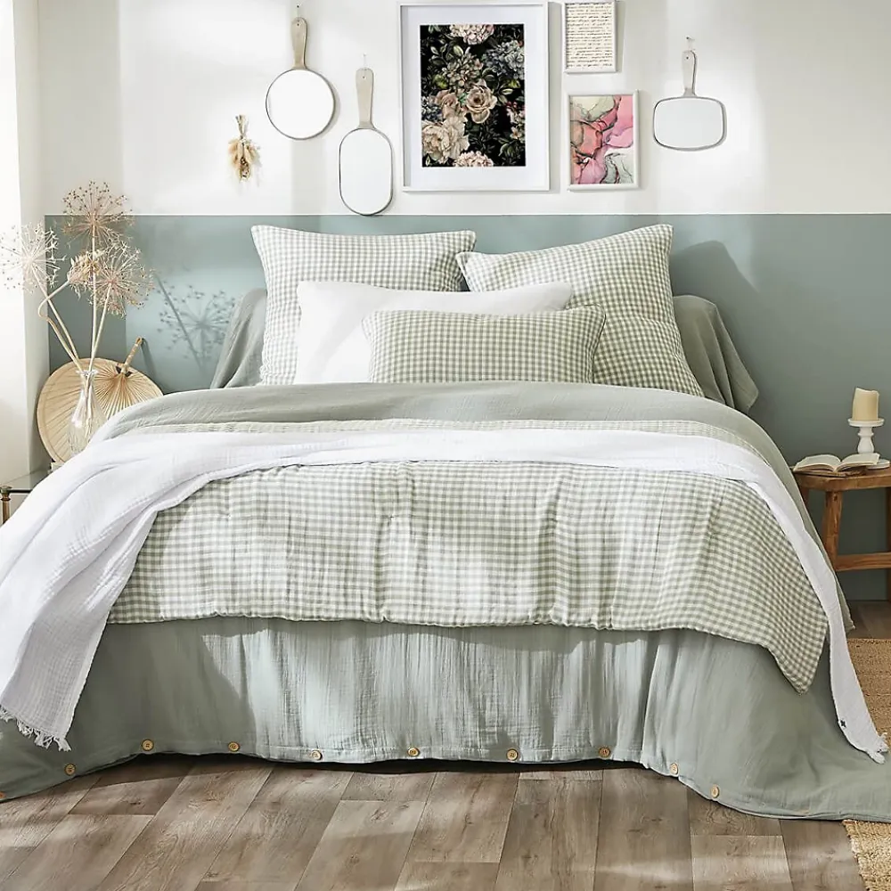 Altobuy JOEL - Chemin de Lit 90x200cm Gaze de Coton Vichy Coloris Eucalyptus* Boutis, Couvre-Lit, Édredon