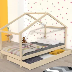 KOALA Lit cabane enfant avec tiroir - Bois pin massif - Naturel - Sommier inlcus - 90x190cm><noscript><img width=