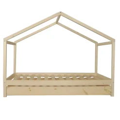 KOALA Lit cabane enfant avec tiroir - Bois pin massif - Naturel - Sommier inlcus - 90x190cm><noscript><img width=