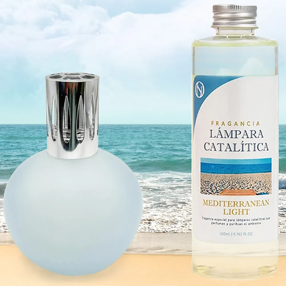 Mamamanuela Lampe catalytique Bleu Gris Mat + Parfum Mediterranean Light 200ml. Élimine mauvaises odeurs, parfume et améliore qualité de air* Désodorisant Et Parfum D'Ambiance