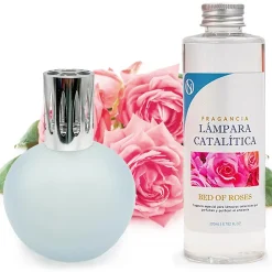 Mamamanuela Lampe catalytique Bleu-Gris mat + Parfum Bed of Roses 500 ml - Élimine mauvaises odeurs, parfume et améliore la qualité de l'air* Désodorisant Et Parfum D'Ambiance