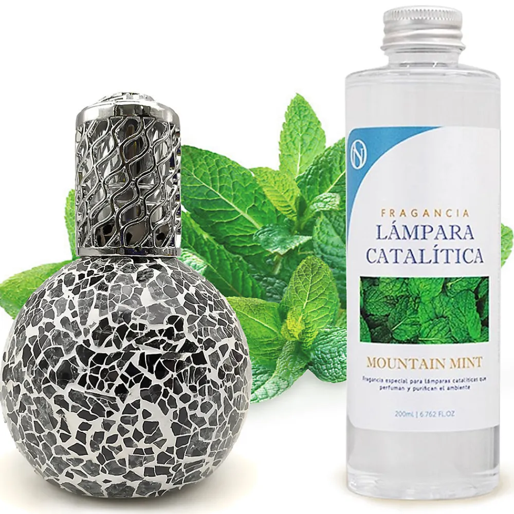 Mamamanuela Lampe catalytique Mosaïque Noir + Parfum Mountain Mint 200 ml - Élimine mauvaises odeurs, parfume et améliore qualité de l'air* Désodorisant Et Parfum D'Ambiance