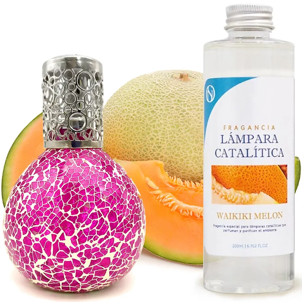 Mamamanuela Lampe catalytique Mosaïque Fuchsia + Parfum Waikiki Melon 500 ml - Élimine mauvaises odeurs, parfume et améliore qualité de l'air* Désodorisant Et Parfum D'Ambiance