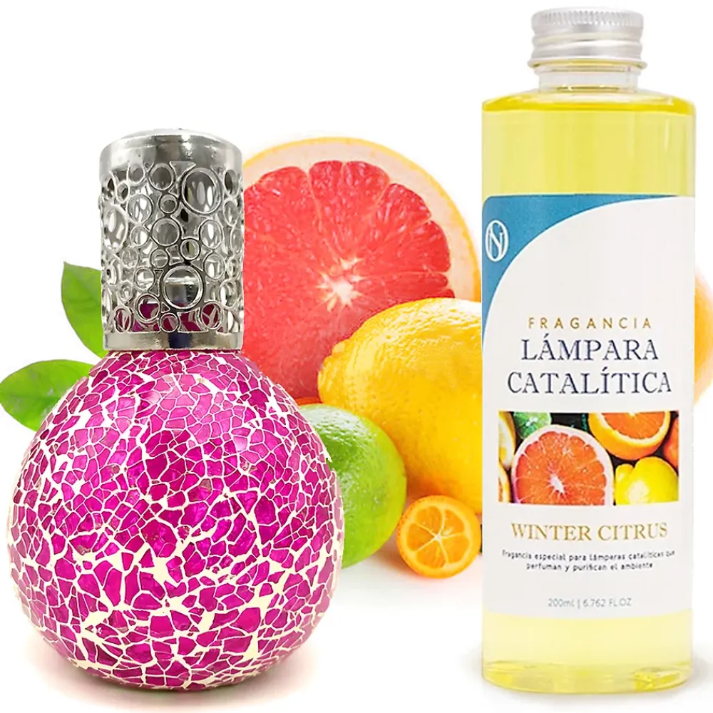 Mamamanuela Lampe catalytique Mosaïque Fuchsia + Parfum Winter Citrus 200 ml - Élimine mauvaises odeurs, parfume et améliore qualité de l'air* Désodorisant Et Parfum D'Ambiance