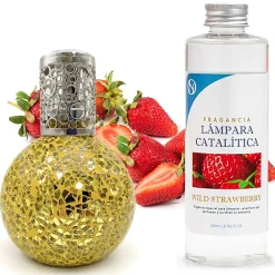 Mamamanuela Lampe catalytique Mosaïque Doré + Arôme Wild Strawberry 200 ml - Élimine mauvaises odeurs, parfume et améliore la qualité de l'air* Désodorisant Et Parfum D'Ambiance