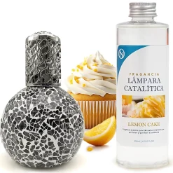 Mamamanuela Lampe catalytique Mosaïque Noir + Parfum Lemon Cake 200 ml - Élimine les mauvaises odeurs, parfume et améliore la qualité de l'air* Désodorisant Et Parfum D'Ambiance