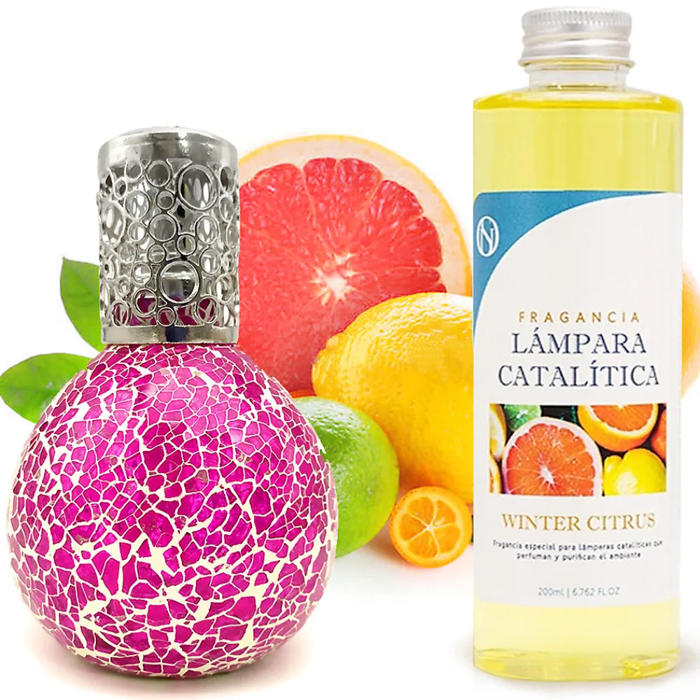 Lampe catalytique Mosaïque Fuchsia + Parfum Winter Citrus 500 ml - Élimine mauvaises odeurs, parfume et améliore qualité de l'air>Mamamanuela