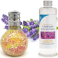 Mamamanuela Lampe catalytique Mosaïque Bicolore + Parfum Lavender Expression 200ml. Élimine mauvaise odeur parfume et améliore qualité de air* Désodorisant Et Parfum D'Ambiance