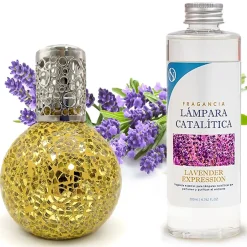 Mamamanuela Lampe catalytique Mosaïque Doré + Parfum Lavender Expression 500ml. Élimine mauvaises odeurs, parfume et améliore qualité de l'air* Désodorisant Et Parfum D'Ambiance