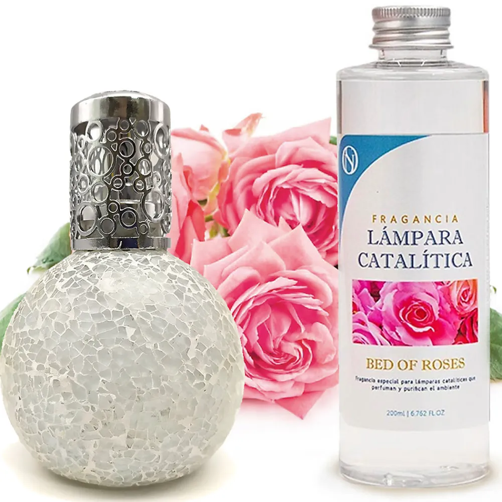 Lampe catalytique Mosaïque Blanc + Parfum Bed of Roses 500 ml - Élimine mauvaises odeurs, parfume et améliore la qualité de l'air>Mamamanuela Online