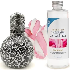 Mamamanuela Lampe catalytique Mosaïque Noir + Parfum Lollipop 200 ml - Élimine les mauvaises odeurs, parfume et améliore la qualité de l'air* Désodorisant Et Parfum D'Ambiance