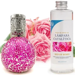 Mamamanuela Lampe catalytique Mosaïque Fuchsia + Parfum Bed of Roses 200 ml - Élimine mauvaises odeurs, parfume et améliore qualité de l'air* Désodorisant Et Parfum D'Ambiance