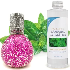 Mamamanuela Lampe catalytique Mosaïque Fuchsia + Parfum Mountain Mint 200 ml - Élimine mauvaises odeurs, parfume et améliore qualité de l'air* Désodorisant Et Parfum D'Ambiance