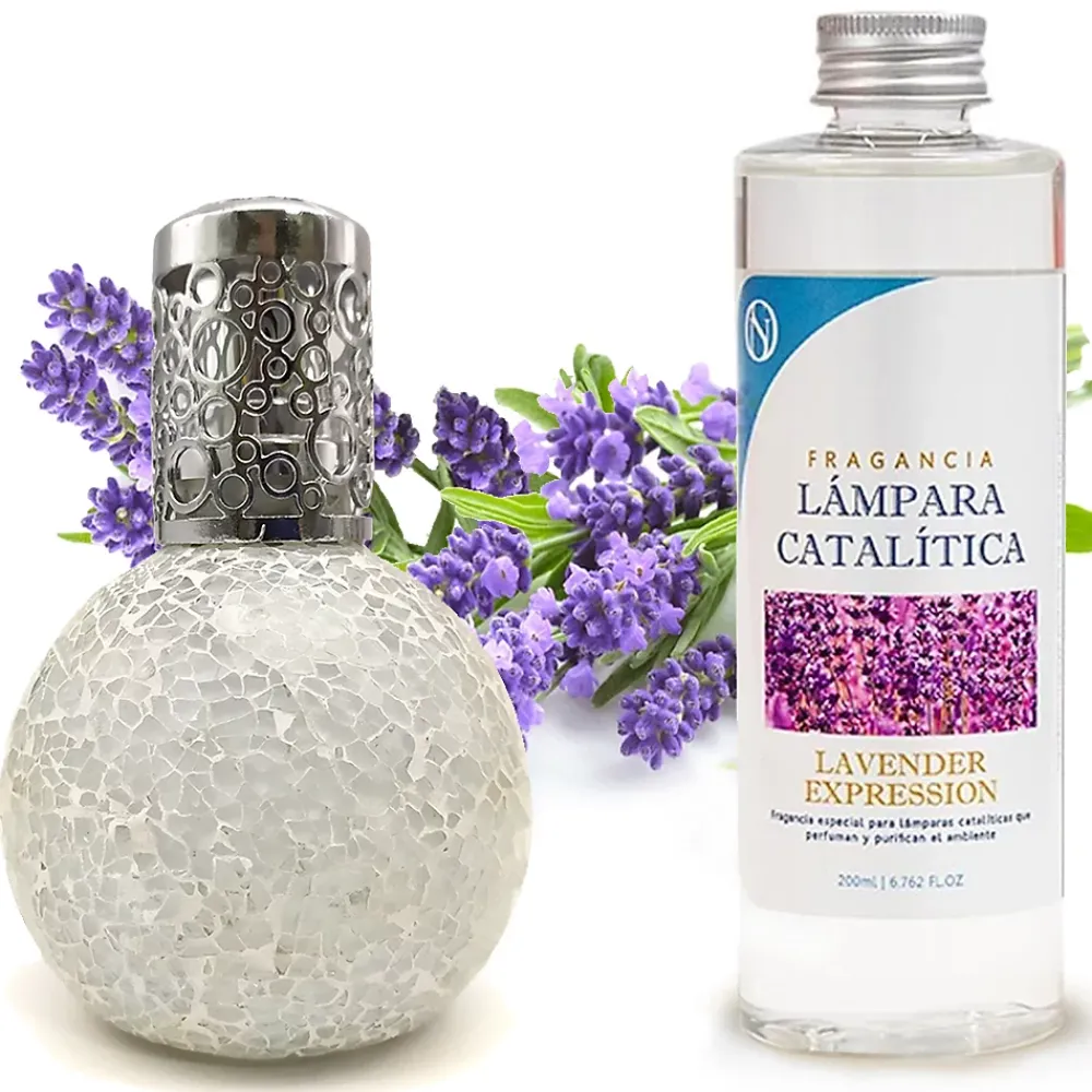 Mamamanuela Lampe catalytique Mosaïque Blanc + Parfum Lavender Expression 200ml. Élimine mauvaises odeurs, parfume et améliore qualité de air* Désodorisant Et Parfum D'Ambiance