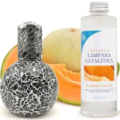 Mamamanuela Lampe catalytique Mosaïque Noir + Parfum Waikiki Melon 200 ml - Élimine mauvaises odeurs, parfume et améliore la qualité de l'air* Désodorisant Et Parfum D'Ambiance