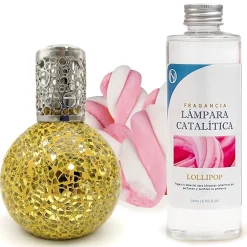 Mamamanuela Lampe catalytique Mosaïque Doré + Parfum Lollipop 500 ml - Élimine mauvaises odeurs, parfume et améliore la qualité de l'air* Désodorisant Et Parfum D'Ambiance