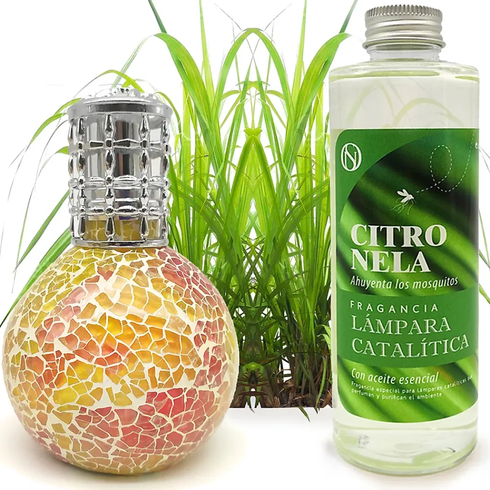 Mamamanuela Lampe catalytique Mosaïque Bicolore + Parfum Citronnelle 500 ml - Élimine mauvaises odeurs, parfume et améliore qualité de l'air* Désodorisant Et Parfum D'Ambiance