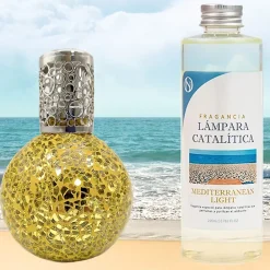 Mamamanuela Lampe catalytique Mosaïque Doré + Parfum Mediterranean Light 200 ml. Élimine mauvaises odeurs, parfume et améliore qualité de air* Désodorisant Et Parfum D'Ambiance