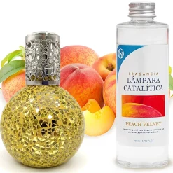 Mamamanuela Lampe catalytique Mosaïque Doré + Arôme Peach Velvet 500 ml - Élimine mauvaises odeurs, parfume et améliore la qualité de l'air* Désodorisant Et Parfum D'Ambiance