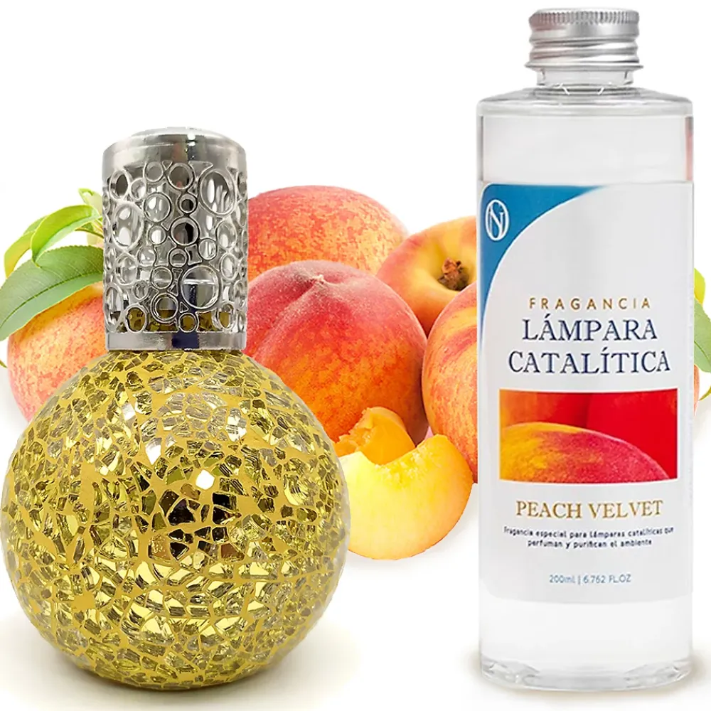 Mamamanuela Lampe catalytique Mosaïque Doré + Arôme Peach Velvet 500 ml - Élimine mauvaises odeurs, parfume et améliore la qualité de l'air* Désodorisant Et Parfum D'Ambiance