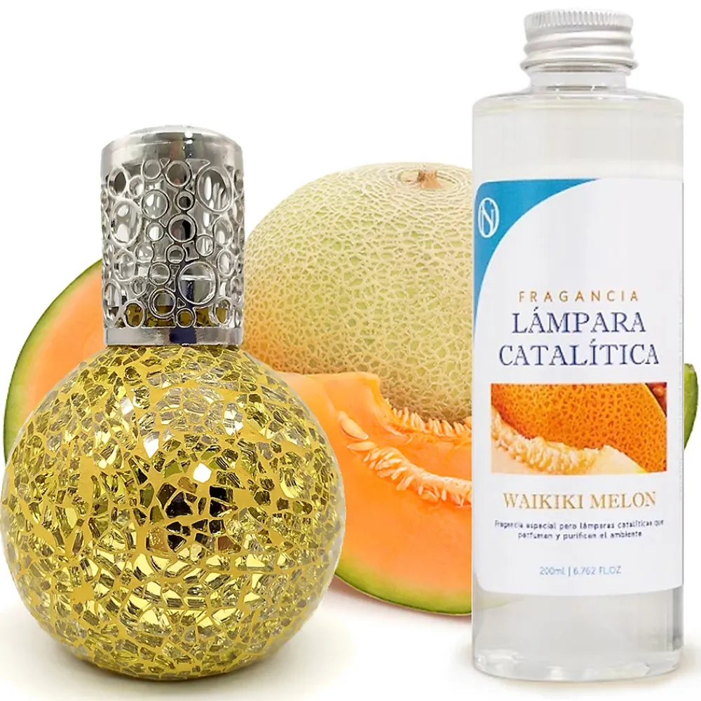 Mamamanuela Lampe catalytique Mosaïque Doré + Arôme Waikiki Melon 500 ml - Élimine mauvaises odeurs, parfume et améliore la qualité de l'air* Désodorisant Et Parfum D'Ambiance