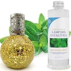 Lampe catalytique Mosaïque Doré + Arôme Mountain Mint 500 ml - Élimine mauvaises odeurs, parfume et améliore la qualité de l'air>Mamamanuela