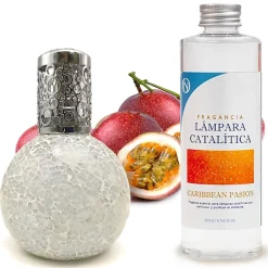 Mamamanuela Lampe catalytique Mosaïque Blanc + Parfum Caribbean Passion 200ml. Élimine mauvaises odeurs, parfume et améliore qualité de l'air* Désodorisant Et Parfum D'Ambiance