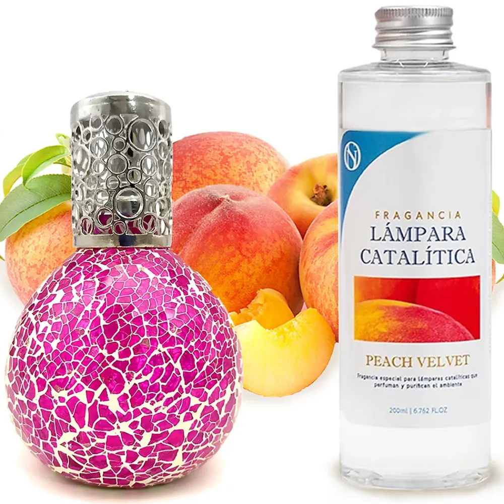 Mamamanuela Lampe catalytique Mosaïque Fuchsia + Parfum Peach Velvet 500 ml - Élimine mauvaises odeurs, parfume et améliore qualité de l'air* Désodorisant Et Parfum D'Ambiance