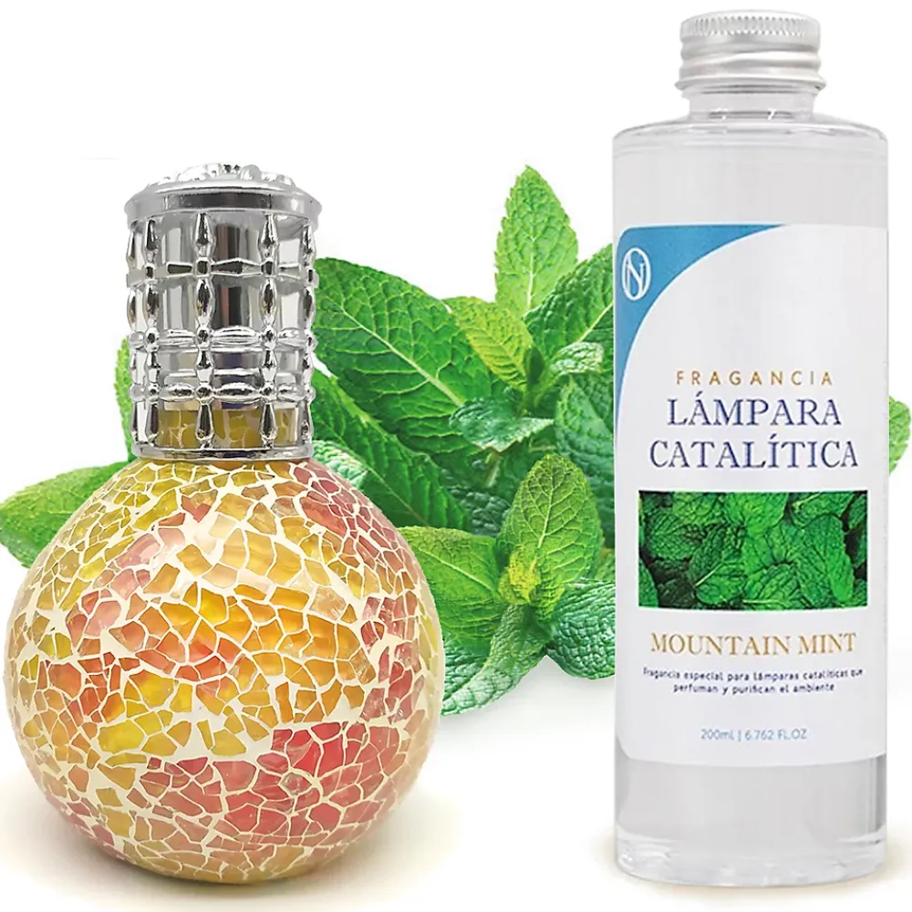 Mamamanuela Lampe catalytique Mosaïque Bicolore + Parfum Mountain Mint 500 ml - Élimine mauvaises odeurs, parfume et améliore qualité de l'air* Désodorisant Et Parfum D'Ambiance