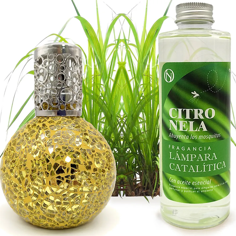 Lampe catalytique Mosaïque Doré + Parfum Citronnelle 200 ml - Élimine mauvaises odeurs, parfume et améliore la qualité de l'air>Mamamanuela New