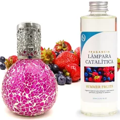 Mamamanuela Lampe catalytique Mosaïque Fuchsia + Parfum Summer Fruits 500 ml - Élimine mauvaises odeurs, parfume et améliore qualité de l'air* Désodorisant Et Parfum D'Ambiance