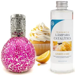 Mamamanuela Lampe catalytique Mosaïque Fuchsia + Parfum Lemon Cake 500 ml - Élimine mauvaises odeurs, parfume et améliore qualité de l'air* Désodorisant Et Parfum D'Ambiance
