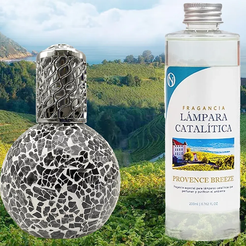 Mamamanuela Lampe catalytique Mosaïque Noir + Parfum Provence Breeze 200 ml - Élimine mauvaises odeurs, parfume et améliore qualité de l'air* Désodorisant Et Parfum D'Ambiance