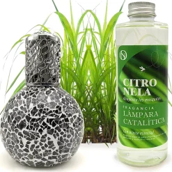 Mamamanuela Lampe catalytique Mosaïque Noir + Parfum Citronnelle 200 ml - Élimine mauvaises odeurs, parfume et améliore qualité de l'air* Désodorisant Et Parfum D'Ambiance