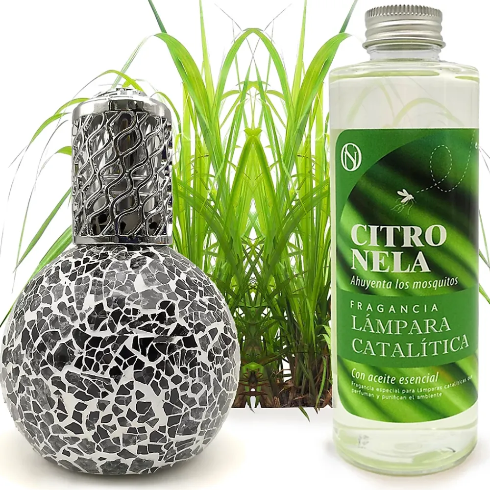 Mamamanuela Lampe catalytique Mosaïque Noir + Parfum Citronnelle 200 ml - Élimine mauvaises odeurs, parfume et améliore qualité de l'air* Désodorisant Et Parfum D'Ambiance