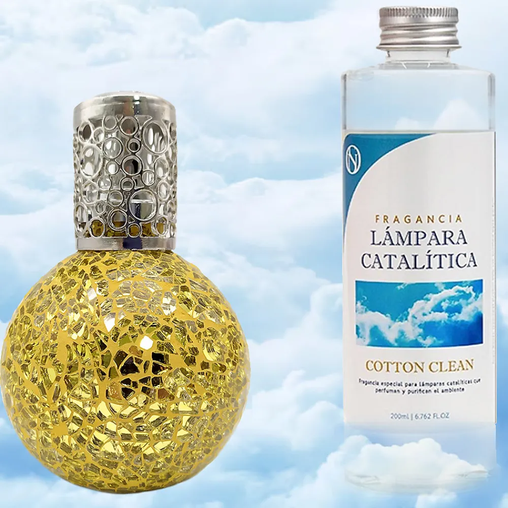 Lampe catalytique Mosaïque Doré + Parfum Cotton Clean 500 ml - Élimine mauvaises odeurs, parfume et améliore la qualité de l'air>Mamamanuela Outlet