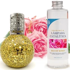 Lampe catalytique Mosaïque Doré + Parfum Bed of Roses 500 ml - Élimine mauvaises odeurs, parfume et améliore la qualité de l'air>Mamamanuela Hot