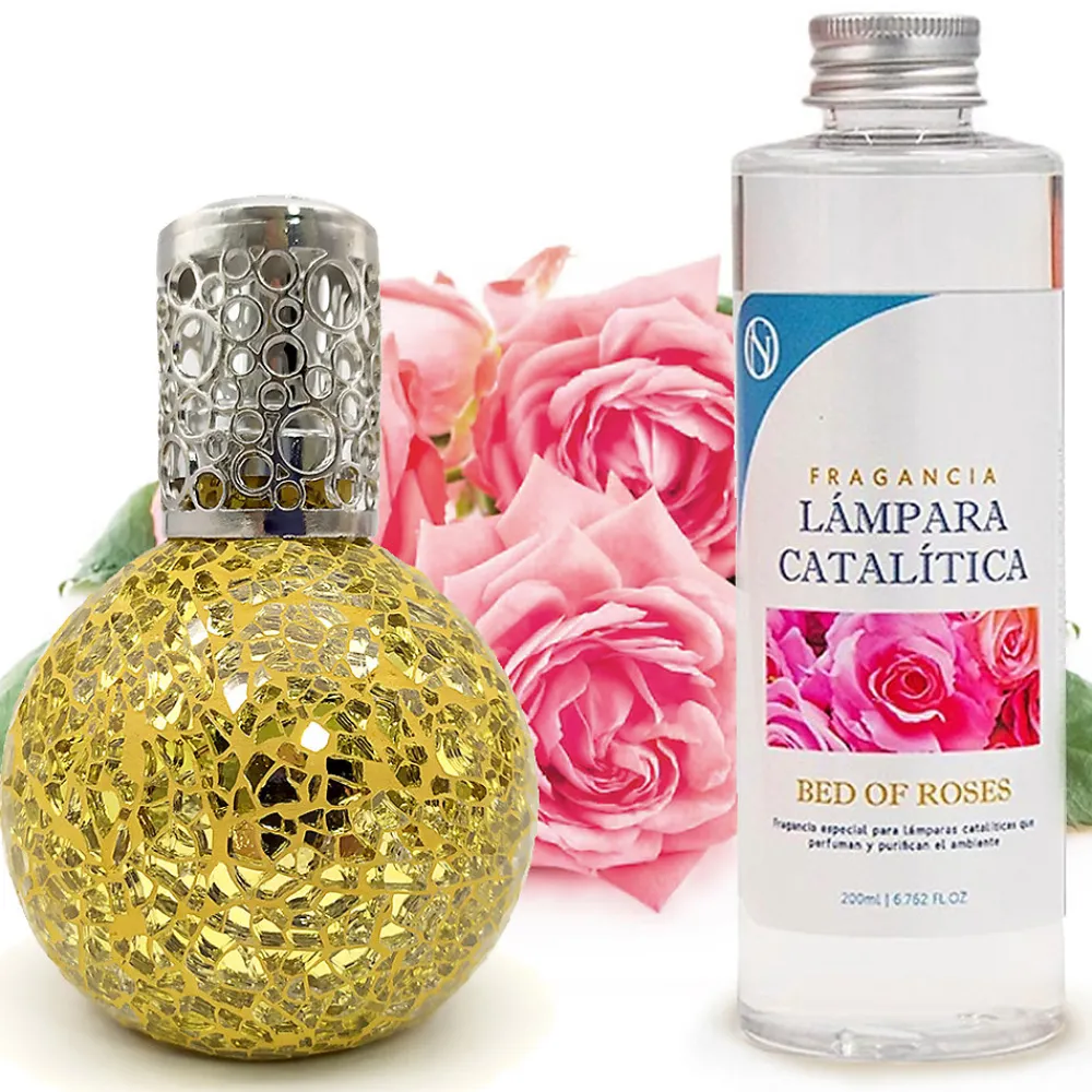 Lampe catalytique Mosaïque Doré + Parfum Bed of Roses 500 ml - Élimine mauvaises odeurs, parfume et améliore la qualité de l'air>Mamamanuela Hot