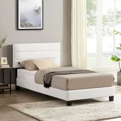Lit 1 place HUDSON, 90 x 190 cm, capitonné avec sommier, revêtement synthétique blanc>Idimex Sale