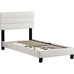 Lit 1 place HUDSON, 90 x 190 cm, capitonné avec sommier, revêtement synthétique blanc><noscript><img width=