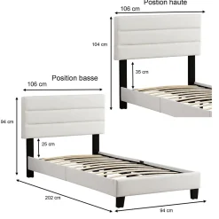 Lit 1 place HUDSON, 90 x 190 cm, capitonné avec sommier, revêtement synthétique blanc><noscript><img width=
