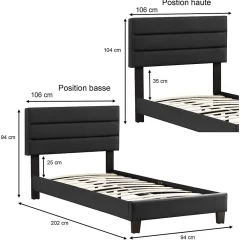 Idimex Lit 1 place HUDSON, 90 x 190 cm, capitonné avec sommier, revêtement synthétique noir* Lit Simple