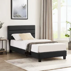 Idimex Lit 1 place HUDSON, 90 x 190 cm, capitonné avec sommier, revêtement synthétique noir* Lit Simple