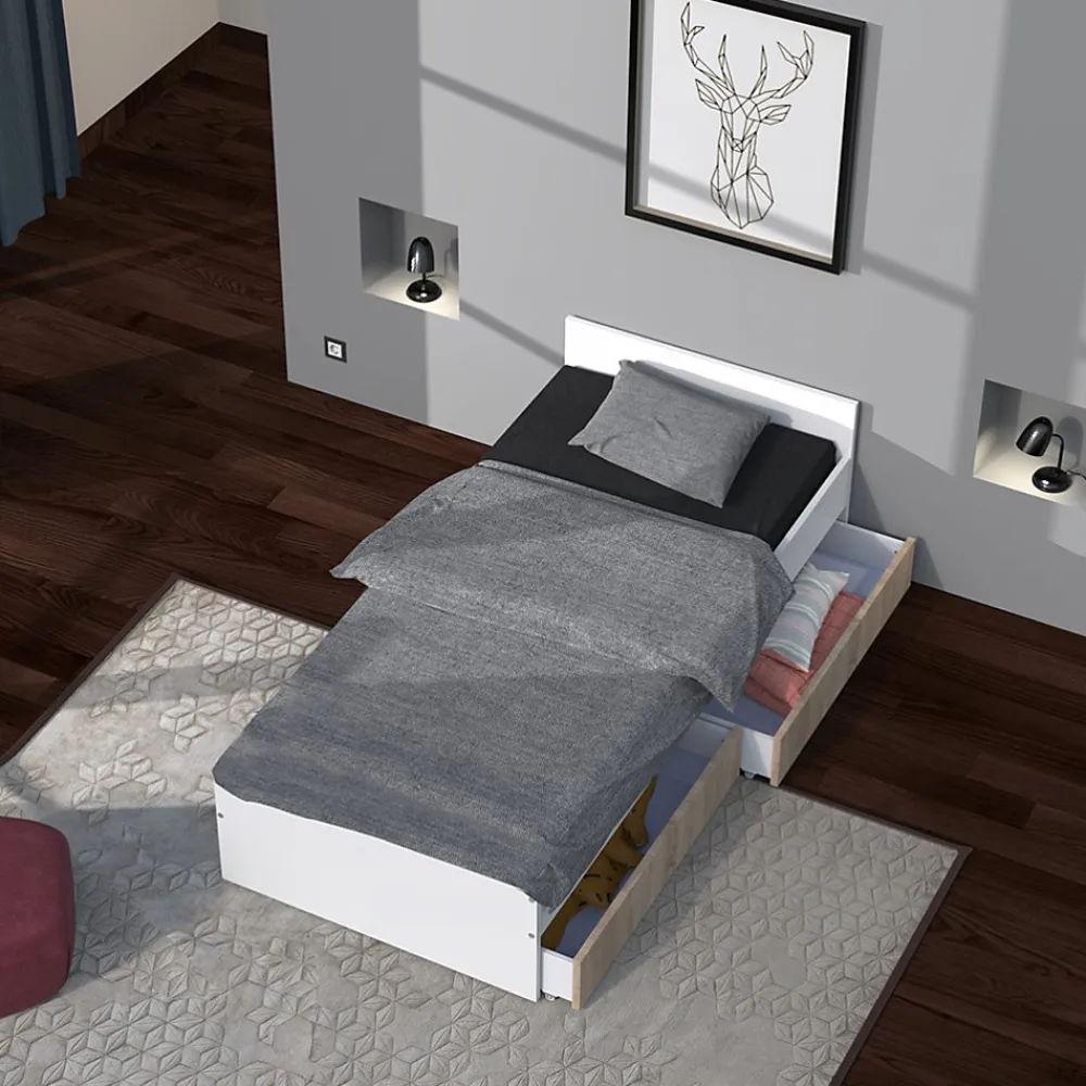 Lit 1 place 90x190cm blanc KIAPA Blanc inclus sommier et 2 tiroirs Chêne pour rangement>Bb Loisir Discount