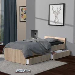 Lit 1 place 90x190cm blanc KIAPA couleur chêne inclus sommier et 2 tiroirs pour rangement>Bb Loisir Hot