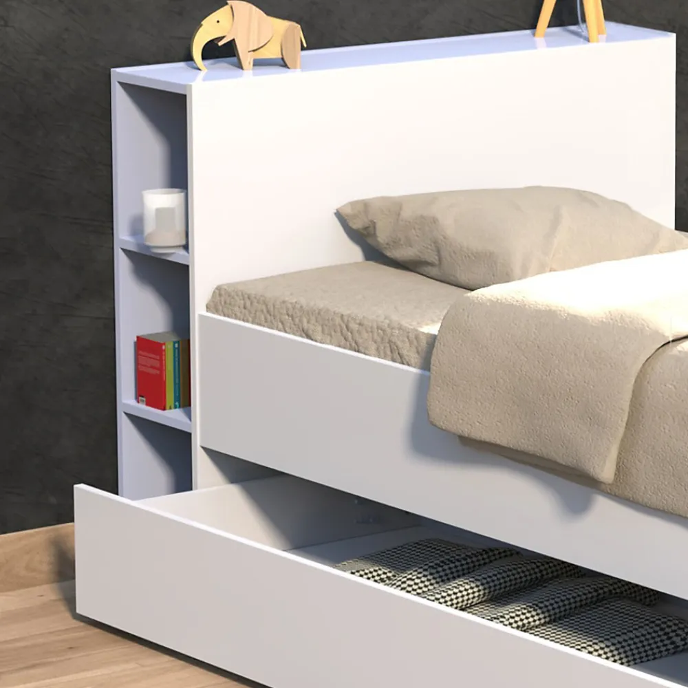 Lit 1 place 90x190cm blanc ROGO inclus tete de lit avec étageres>Bb Loisir Discount